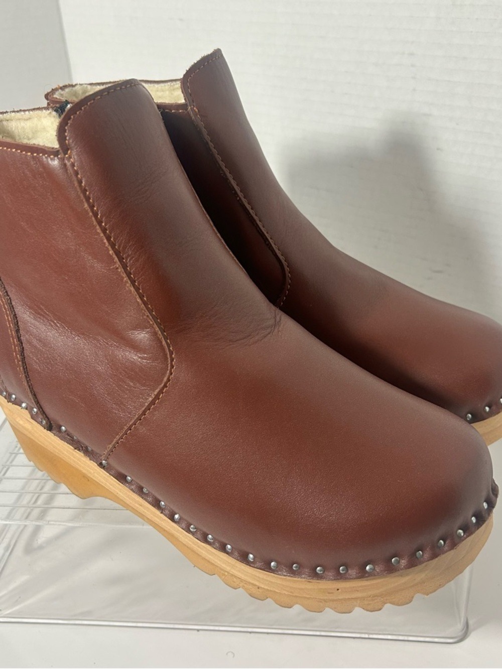 Troentorp Leather Ankle Boot Clog Studded Faux Fleece Slip-On Boho Hippie 37